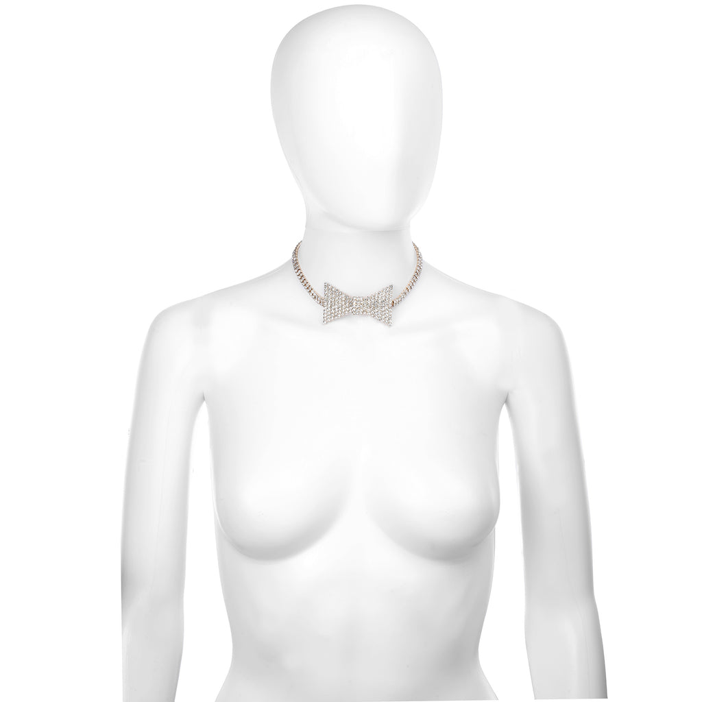 Sparkling Rhinestone Bowtie Collar Choker Necklace in Gold