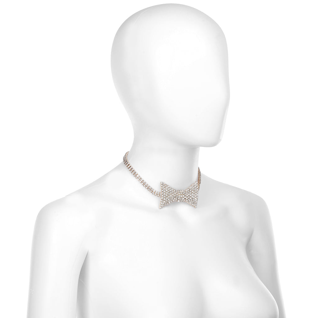 Sparkling Rhinestone Bowtie Collar Choker Necklace in Gold