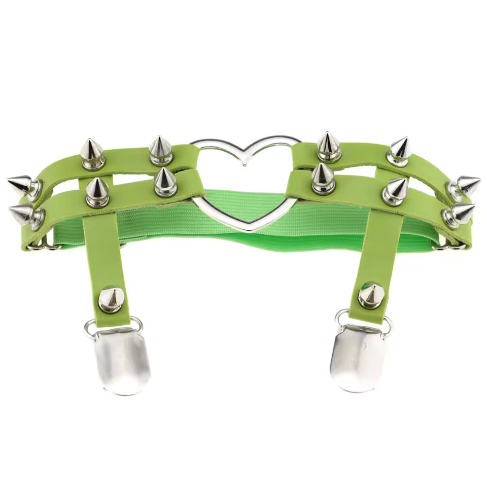 Spiked Heart Garter with Stocking Clips, Green & Silver, 2-Pack