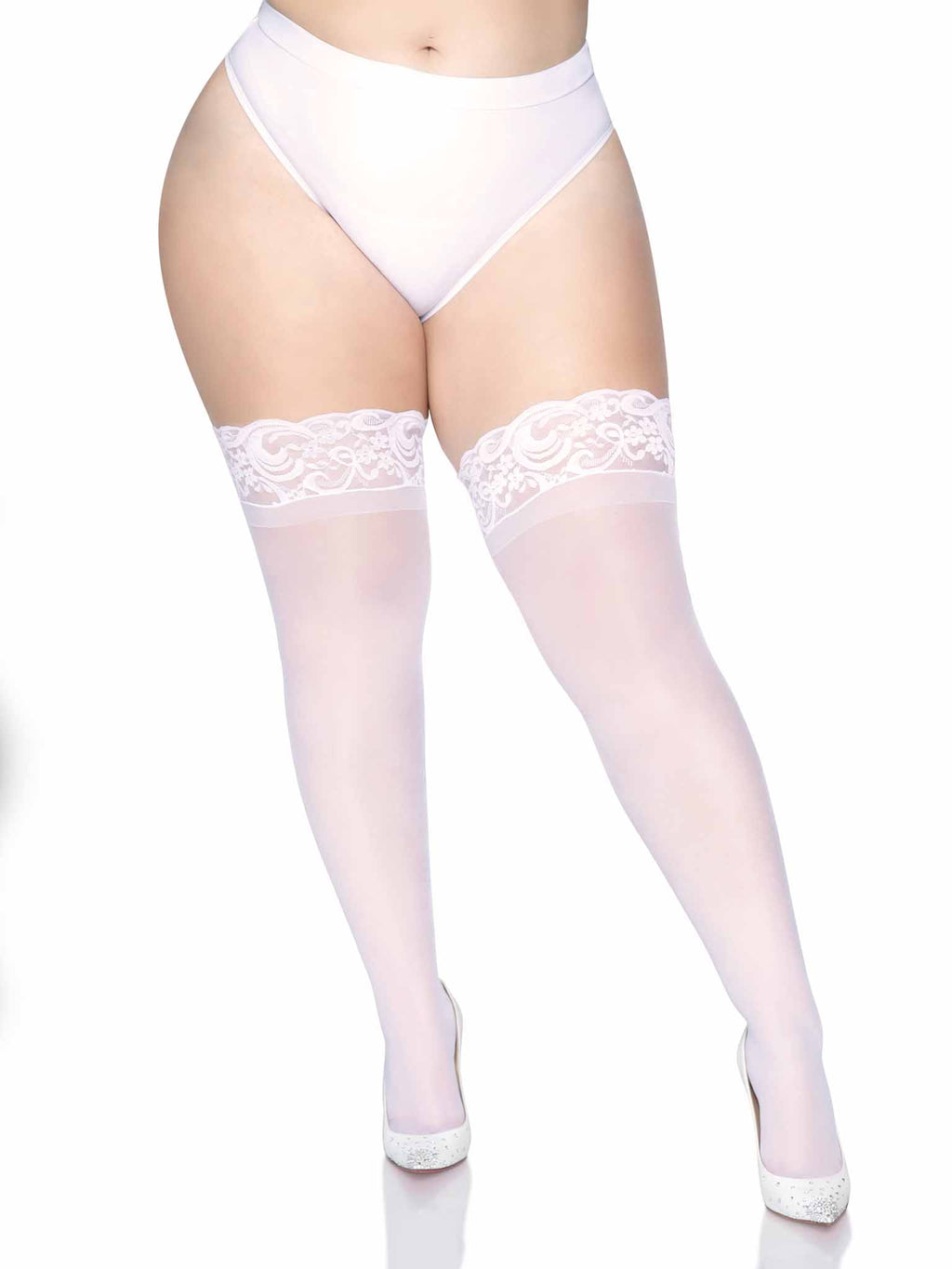 Sheer White Stay Up Lace Top Spandex Thigh Highs Queen O/S