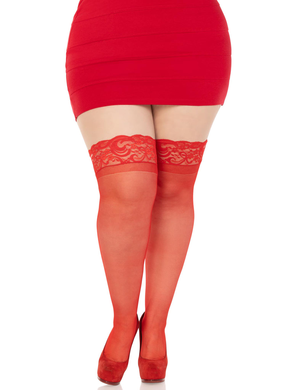 Red Thigh High Stay Up Lace Top Stockings Queen O/S