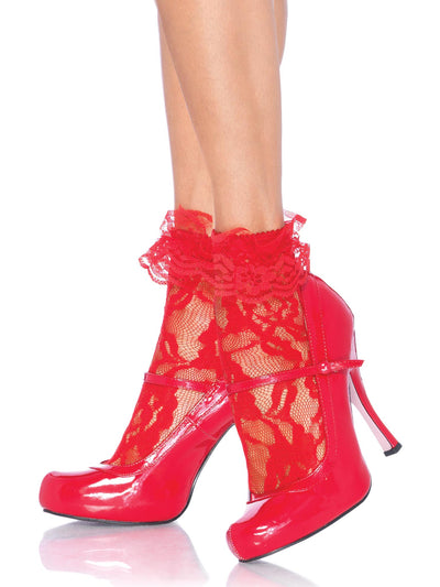 Red Lace Anklet socks with Ruffle Cuff One Size