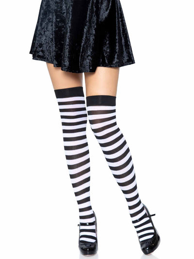 Black and White Striped Nylon Thigh Highs One Size