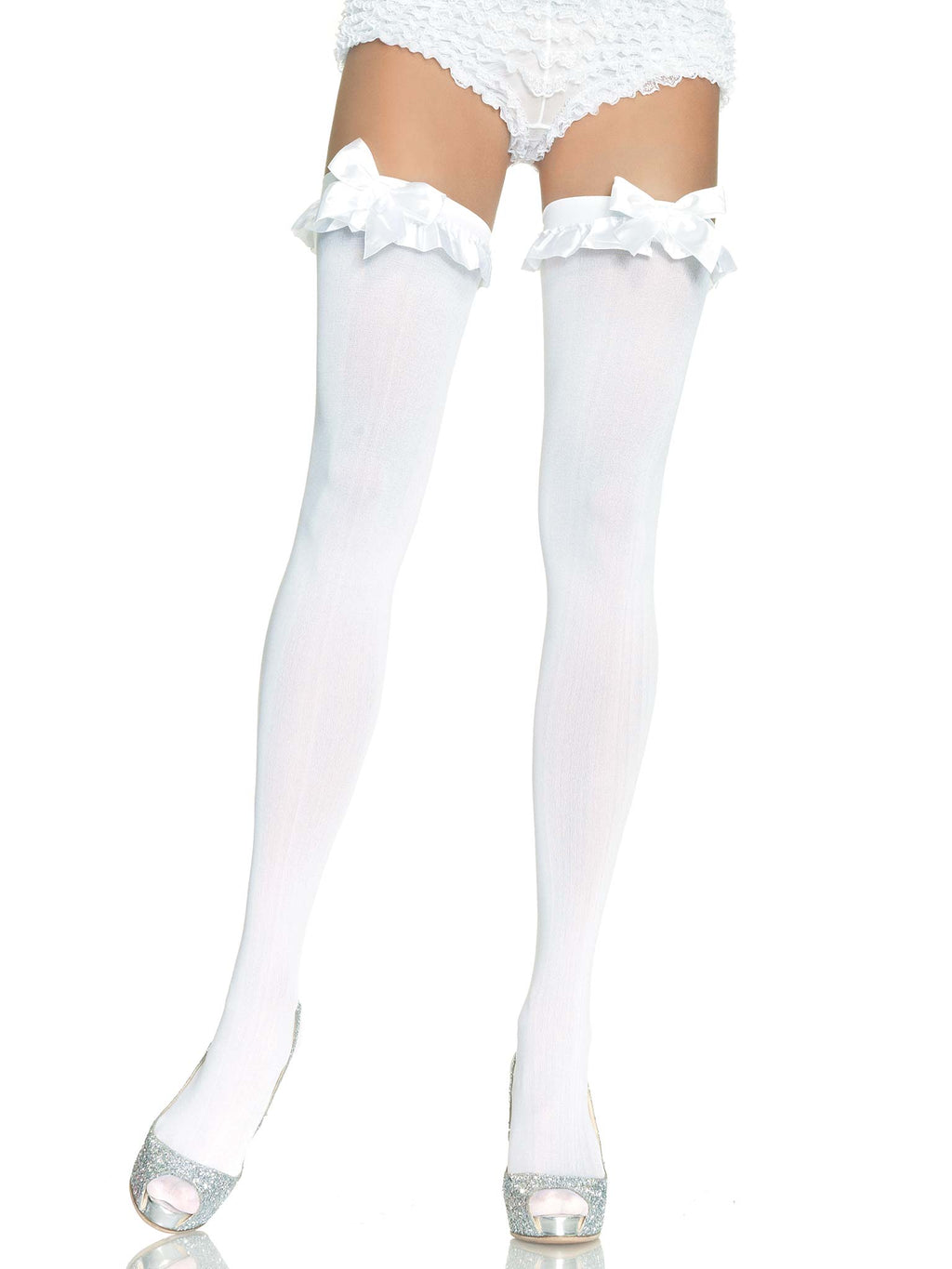 White Bow Top Opaque Thigh Highs with Satin Ruffle Trim One Size