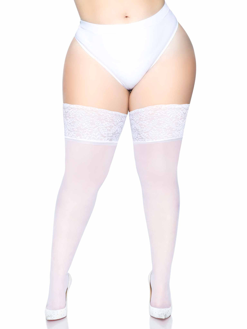 White Spandex Sheer Thigh Highs with 5