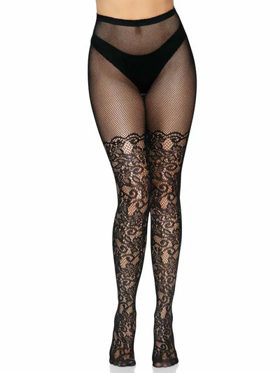 Black Lacey Floral Vines Fishnet Tights One Size