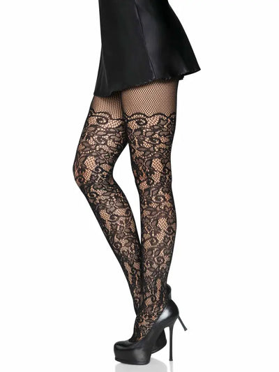 Black Lacey Floral Vines Fishnet Tights One Size