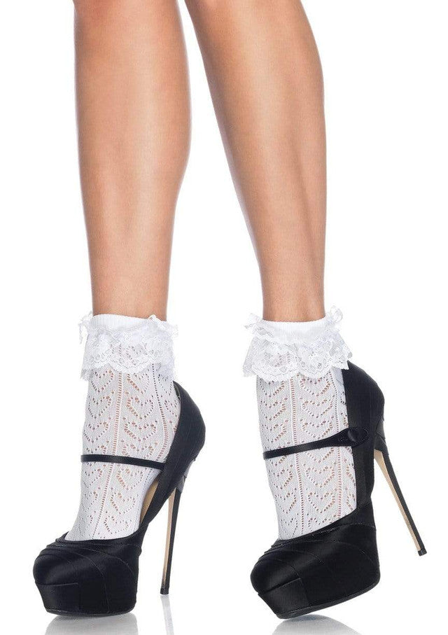 White Crochet Heart Lace Top Anklet Socks One Size