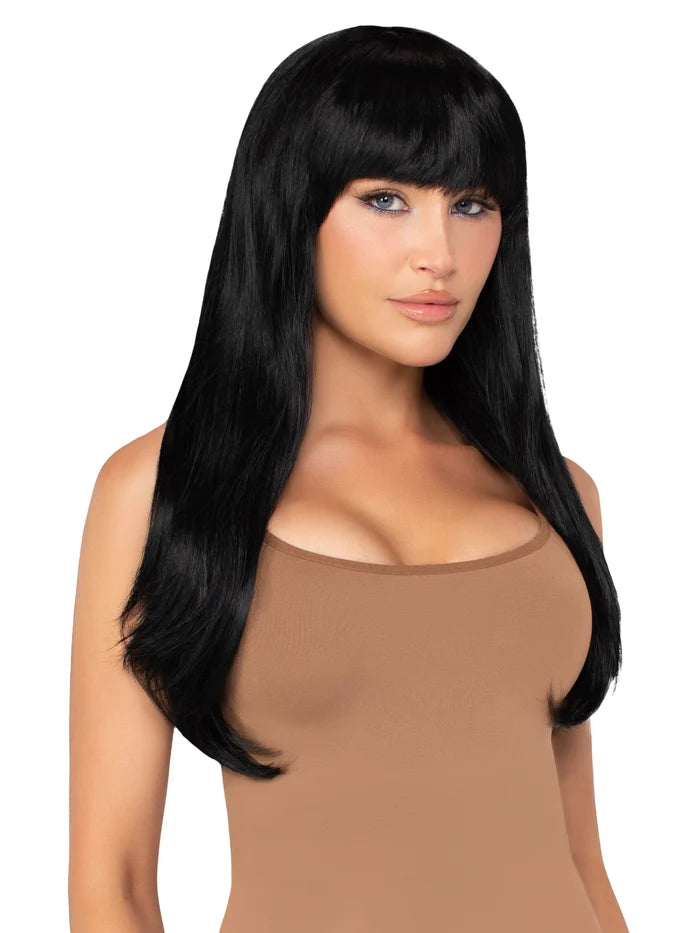 25 Inch Long Straight Wig with Bangs in Black, One Size