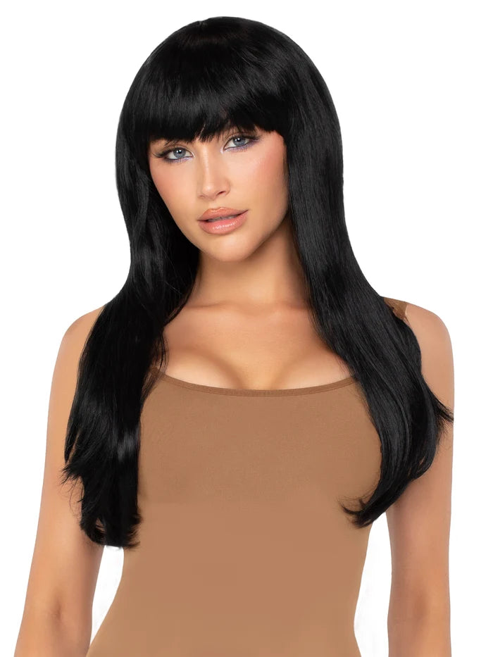 25 Inch Long Straight Wig with Bangs in Black, One Size