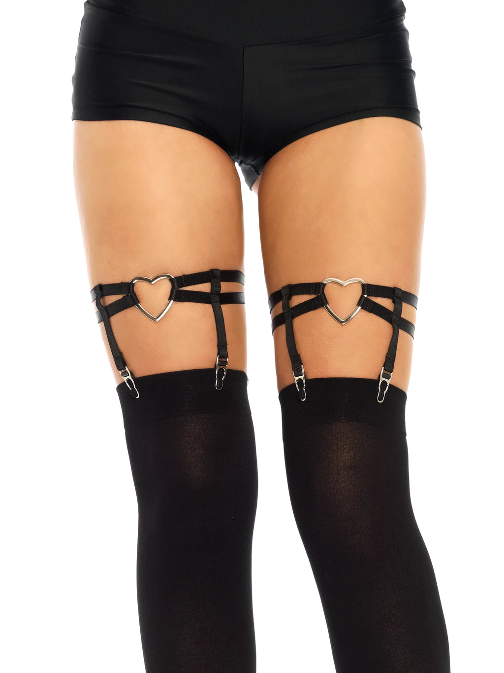 Dual Strap Elastic Thigh High Heart Garter Suspenders, Black, One Size