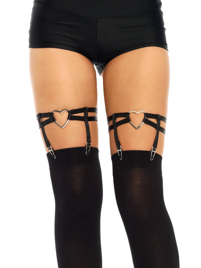 Dual Strap Elastic Thigh High Heart Garter Suspenders, Black, One Size