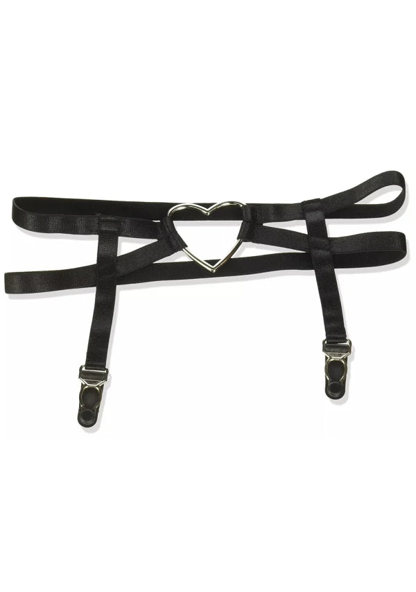 Dual Strap Elastic Thigh High Heart Garter Suspenders, Black, One Size
