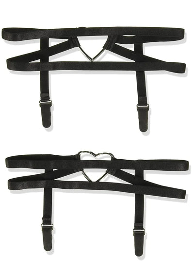 Dual Strap Elastic Thigh High Heart Garter Suspender, Black, One Size