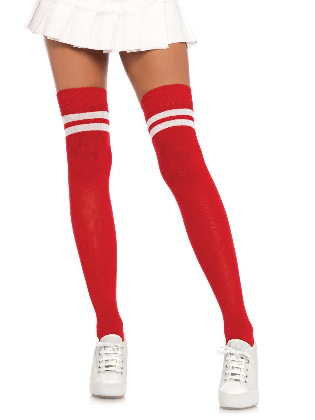 Red Ribbed Athletic Thigh Highs with White Stripes One Size