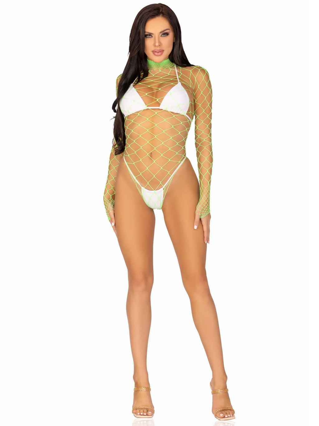 Fence Net Snap Crotch Long Sleeved Bodysuit, Neon Green, One Size