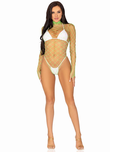 Fence Net Snap Crotch Long Sleeved Bodysuit, Neon Green, One Size