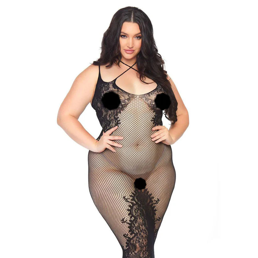 Lace Cross Neck Seamless Fishnet Mini Dress, Black, Queen O/S