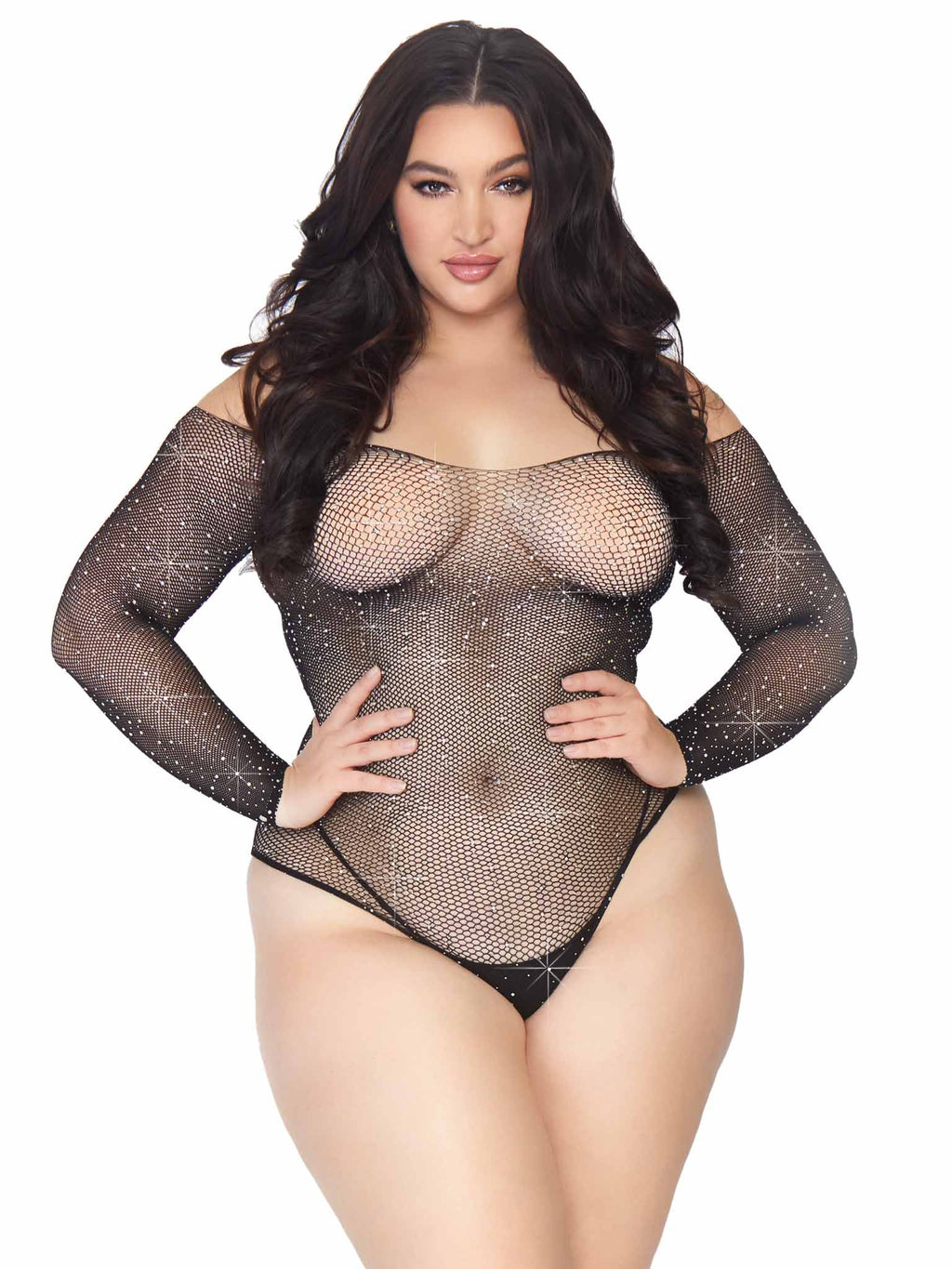 Rhinestone Long Sleeve Snap Crotch Fishnet Bodysuit, Black, Queen O/S
