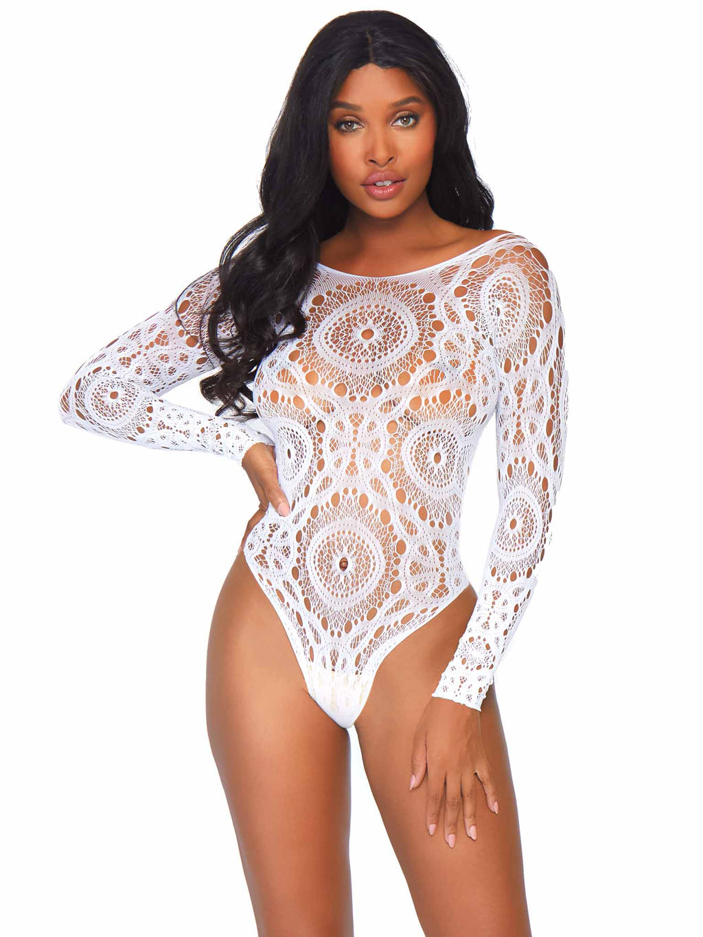 Crochet Lace Long Sleeved Snap Crotch Thong Back Bodysuit, White, S/M