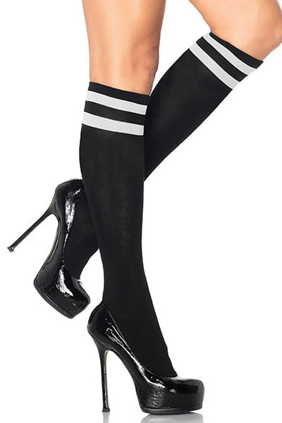 Black Athletic Knee High Socks with White Stripes One Size