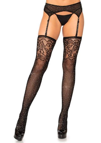 Rhinestone Fishnet Stockings with Jacquard Lace Top, Black, One Size