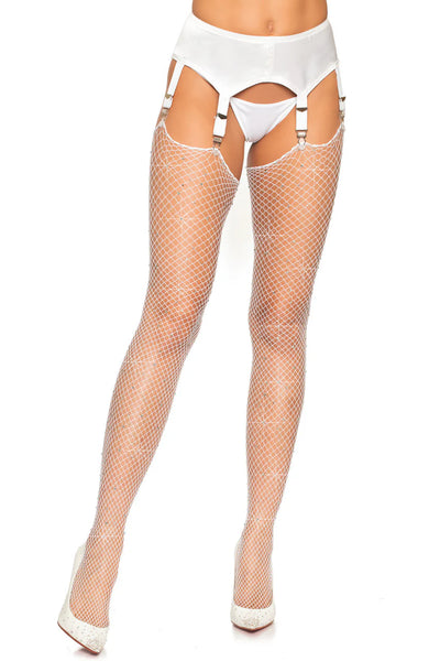 White Rhinestone Fishnet Thigh Highs One Size