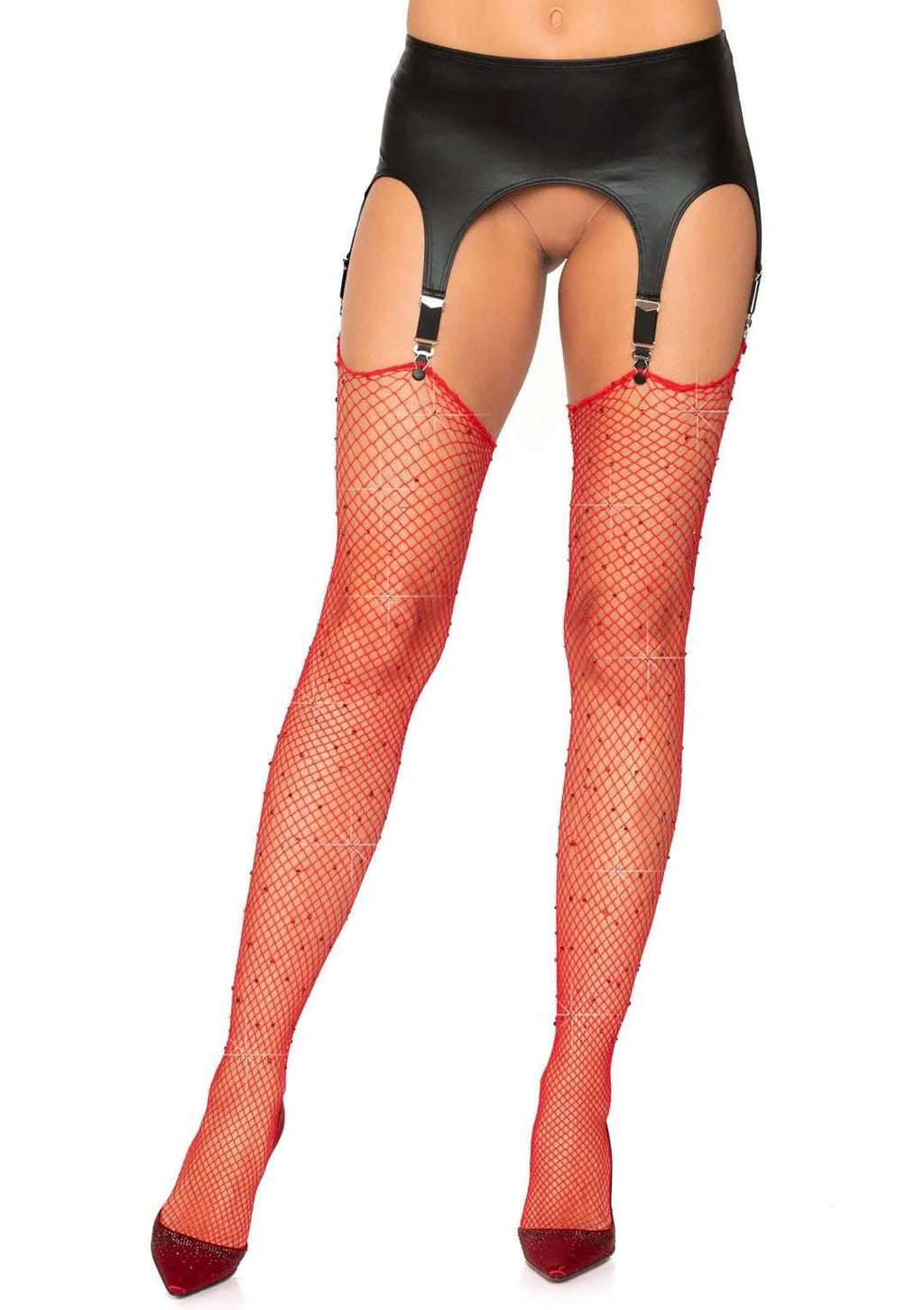 Red Rhinestone Fishnet Thigh Highs One Size