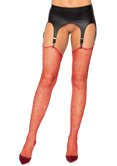 Red Rhinestone Fishnet Thigh Highs One Size