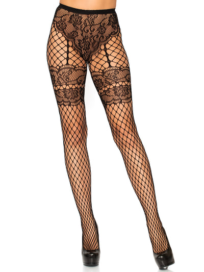 Black Lace Faux Garter Belt Net Tights One Size