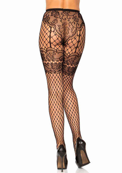 Black Lace Faux Garter Belt Net Tights One Size
