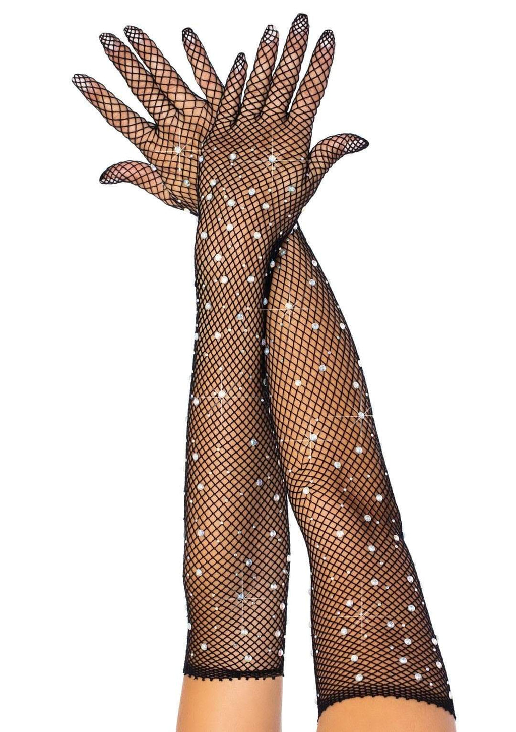Rhinestone Fishnet Opera Length Gloves, Black, One Size