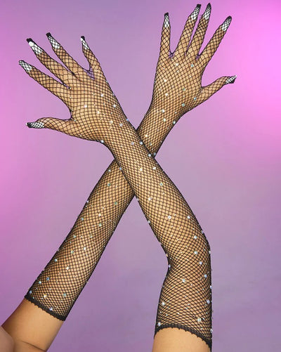 Rhinestone Fishnet Opera Length Gloves, Black, One Size