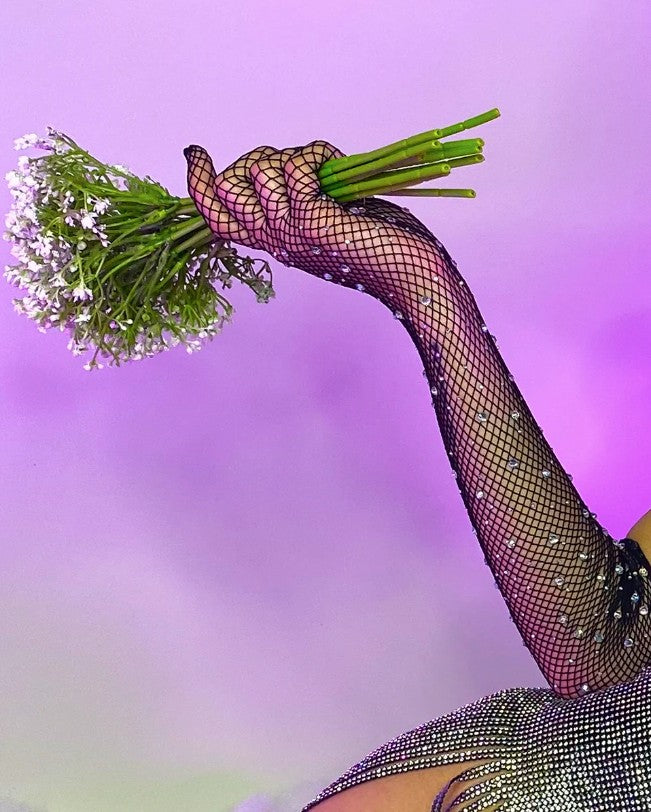 Rhinestone Fishnet Opera Length Gloves, Black, One Size