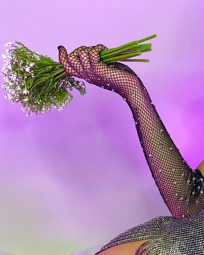 Rhinestone Fishnet Opera Length Gloves, Black, One Size
