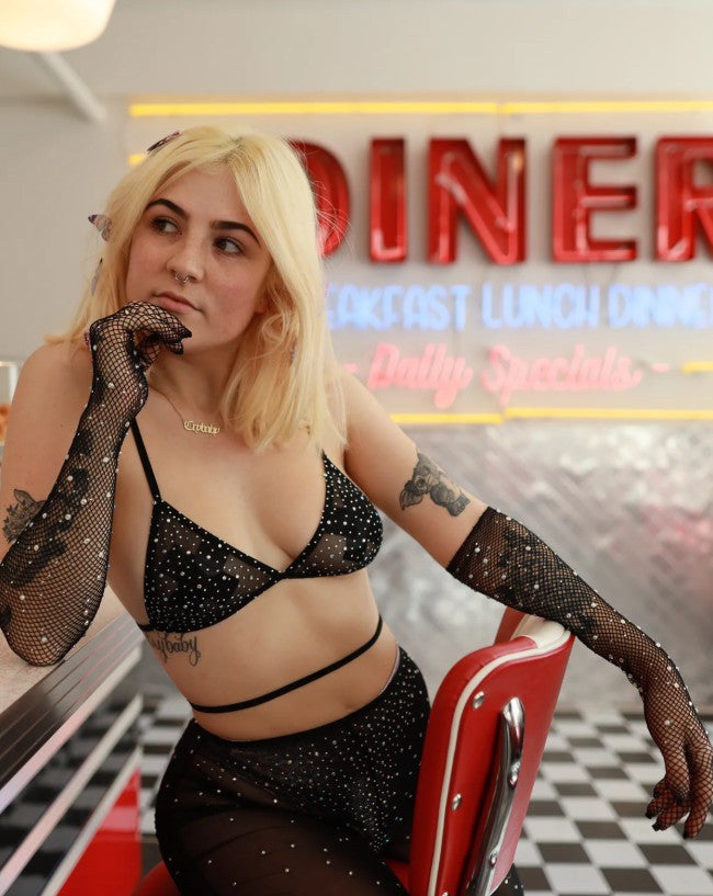 Rhinestone Fishnet Opera Length Gloves, Black, One Size