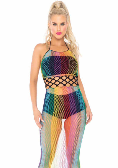 Rainbow Net Long Halter Dress, Multicolor, One Size