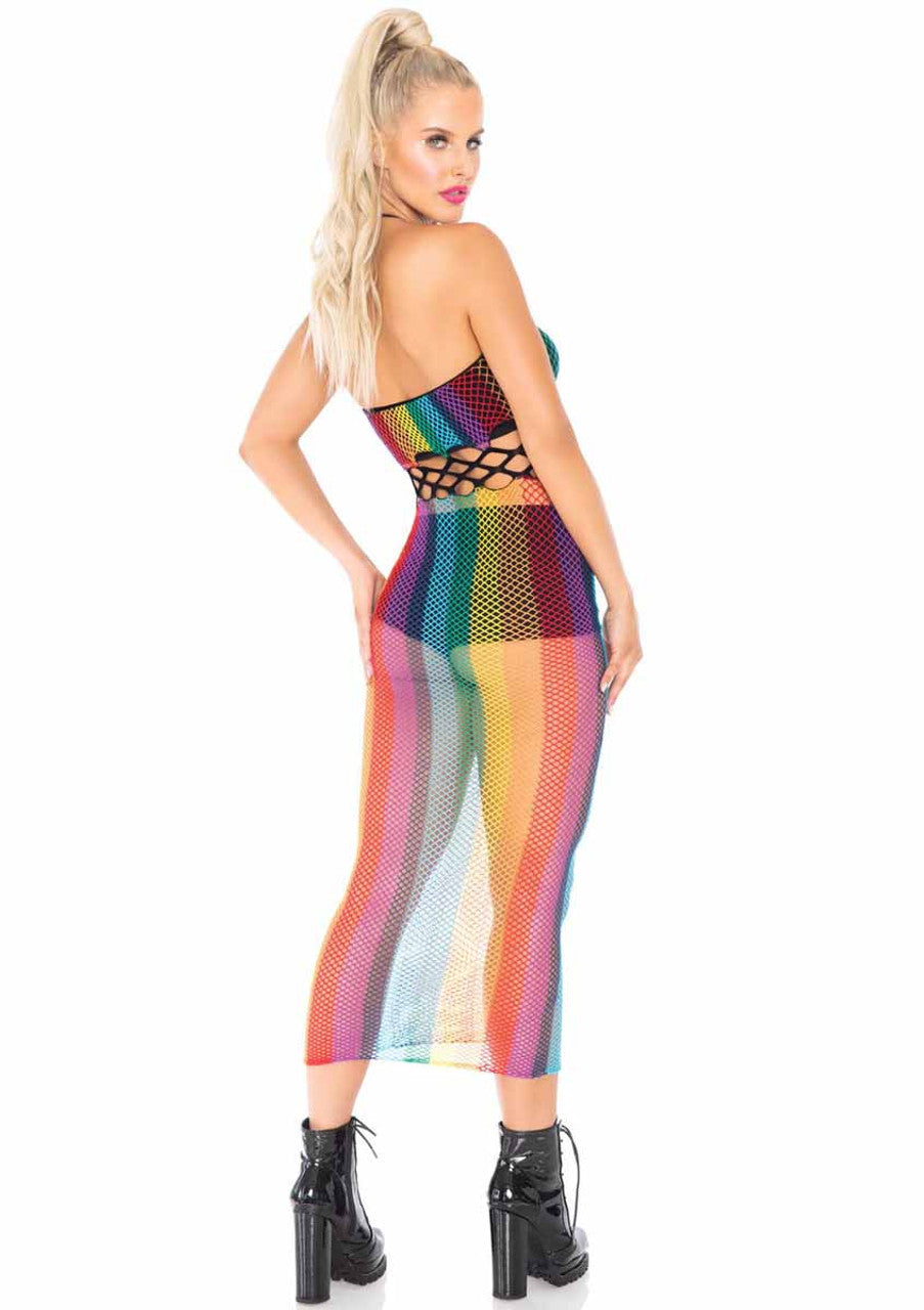 Rainbow Net Long Halter Dress, Multicolor, One Size