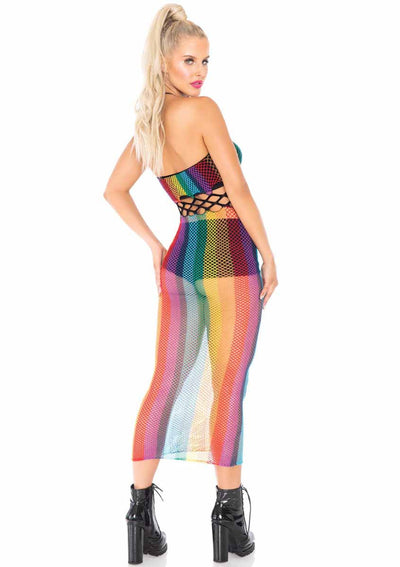 Rainbow Net Long Halter Dress, Multicolor, One Size