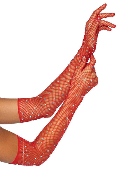Rhinestone Fishnet Opera Length Gloves, Red, One Size