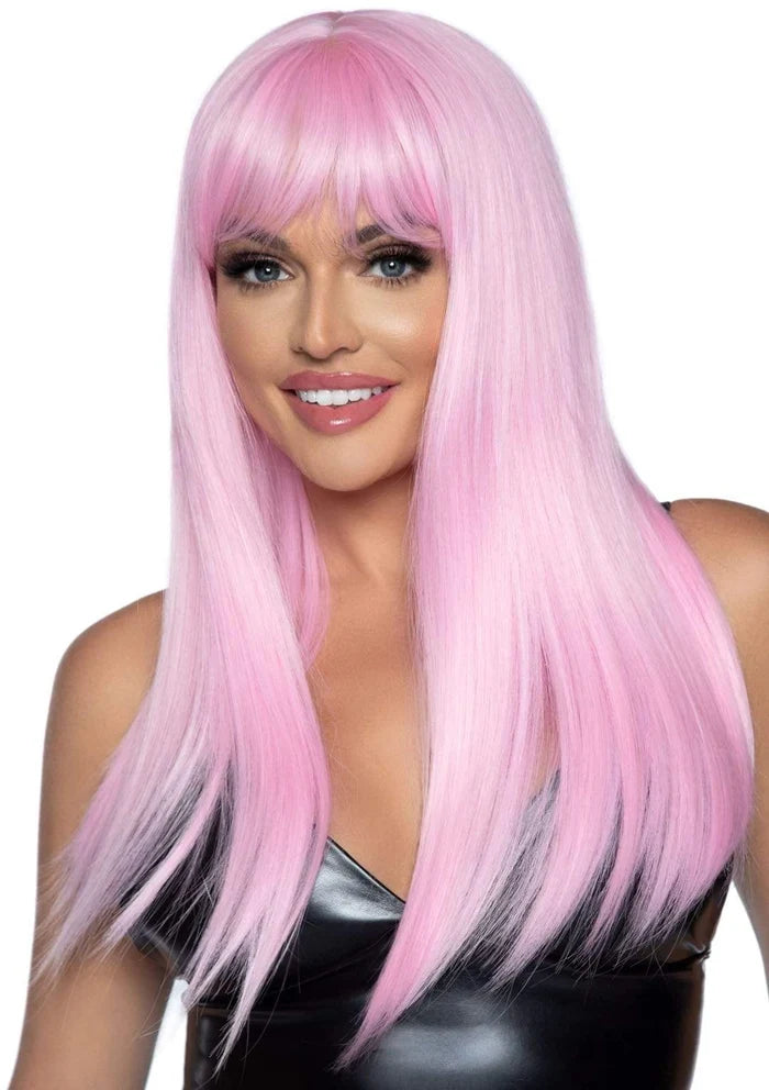 24 Inch Straight Wig with Bangs in Pink, One Size