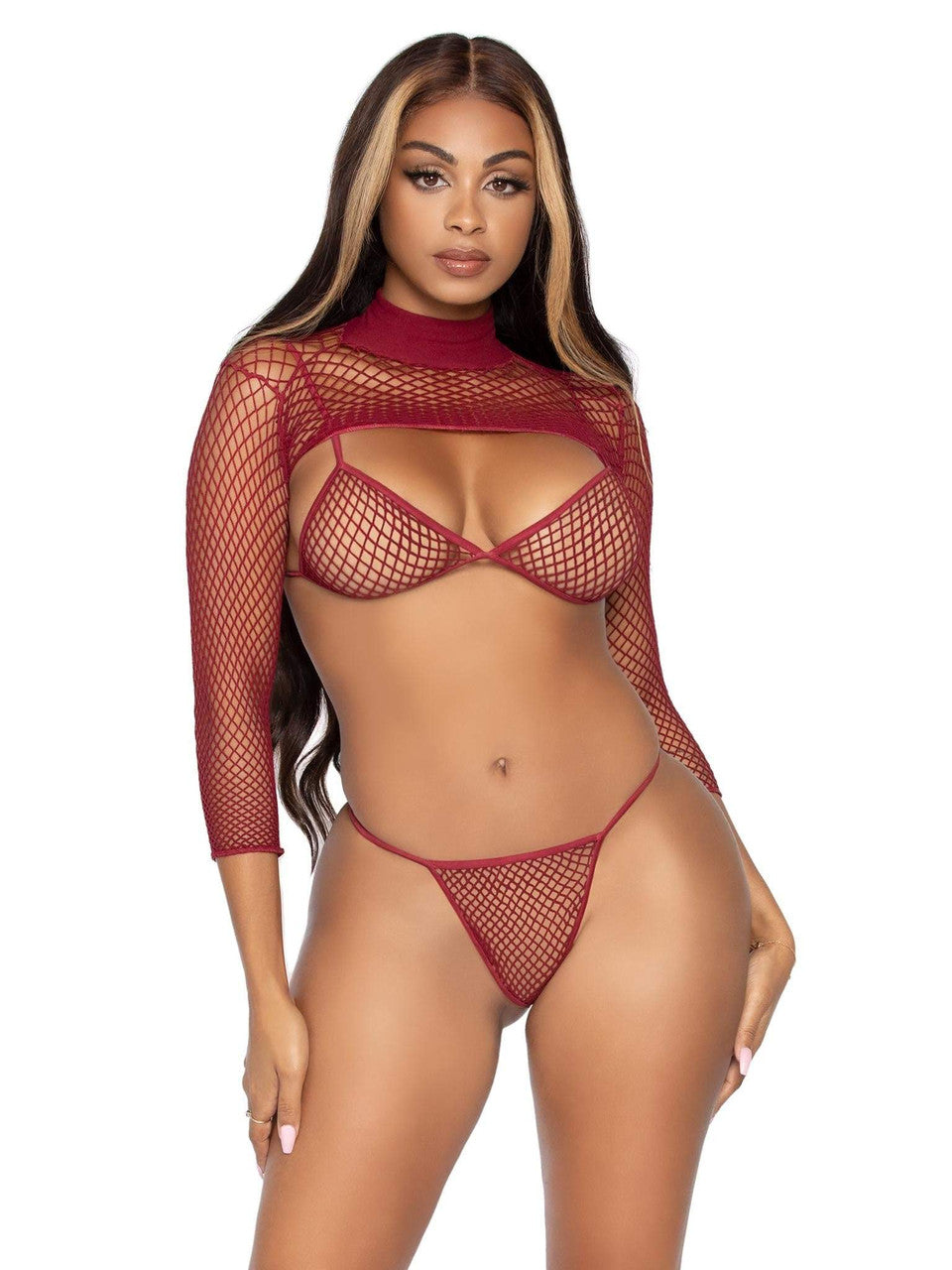 Fishnet Long-Sleeve Bikini Set, Burgundy, One Size