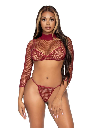 Fishnet Long-Sleeve Bikini Set, Burgundy, One Size