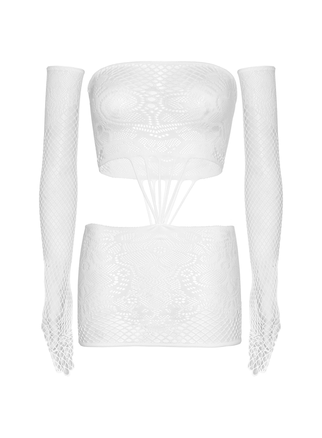 2 PC Cut-Out Lace and Net Tube Dress with Long Gloves in White, One Size