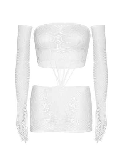 2 PC Cut-Out Lace and Net Tube Dress and Long Gloves, White, One Size
