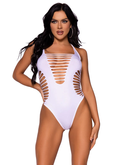 Seamless Shredded Racer Back Thong Bodysuit, White, One Size