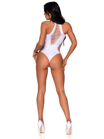 Seamless Shredded Racer Back Thong Bodysuit, White, One Size