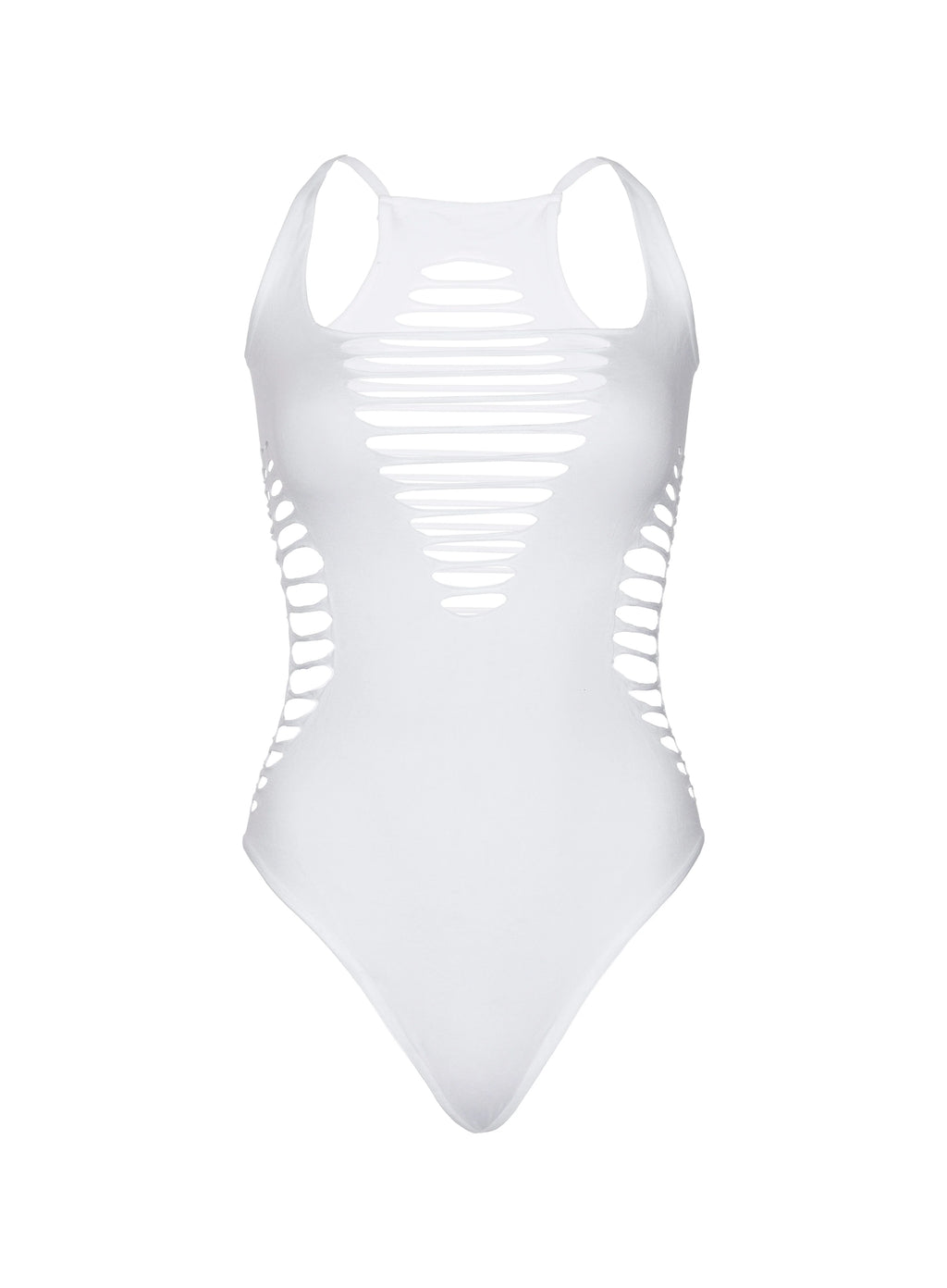 Seamless Shredded Racer Back Thong Bodysuit, White, One Size