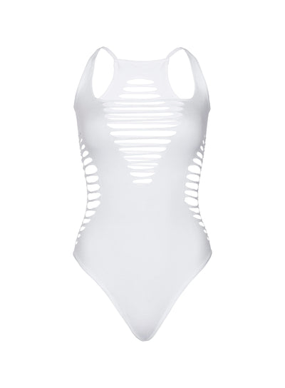 Seamless Shredded Racer Back Thong Bodysuit, White, One Size