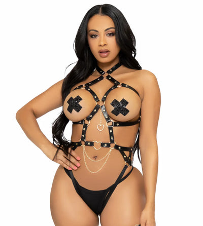 Heart Rings Black Vegan Leather Body Harness Teddy - One Size